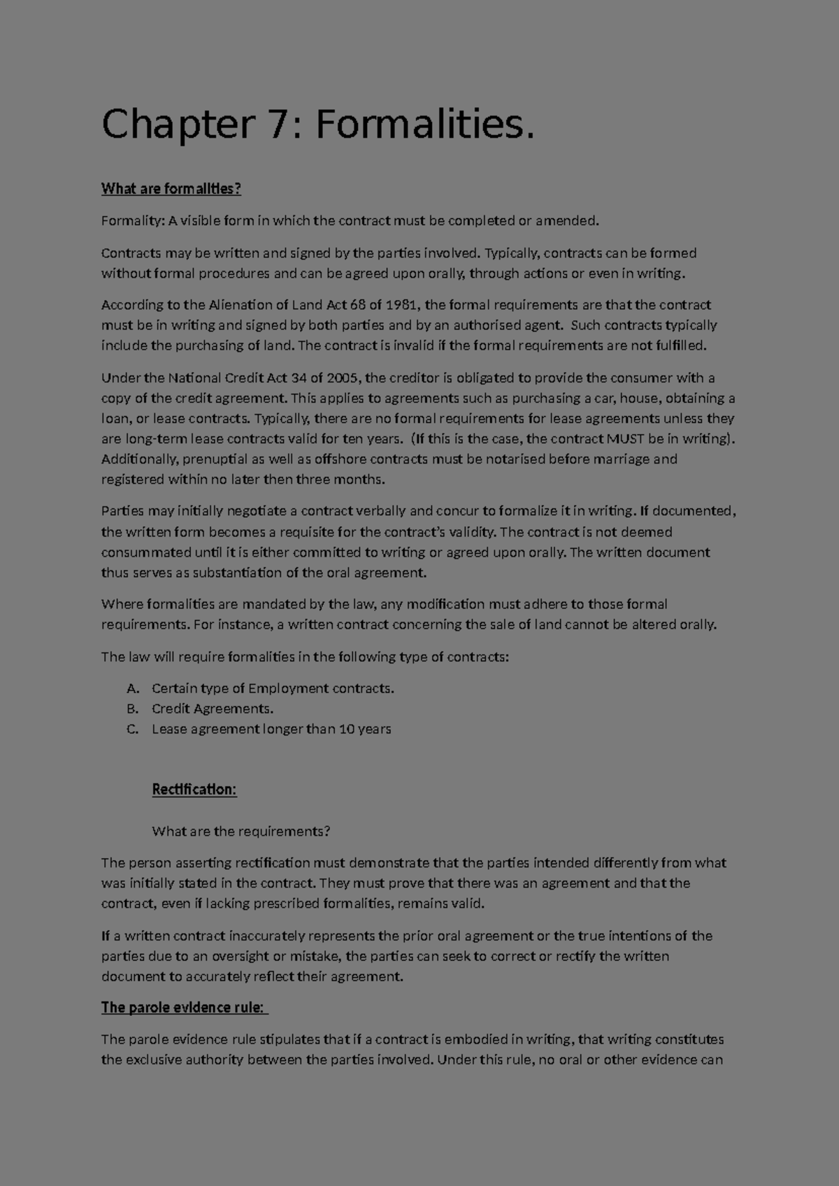 Chapter 7 KRG 110 notes - Chapter 7: Formalities. What are formalities ...