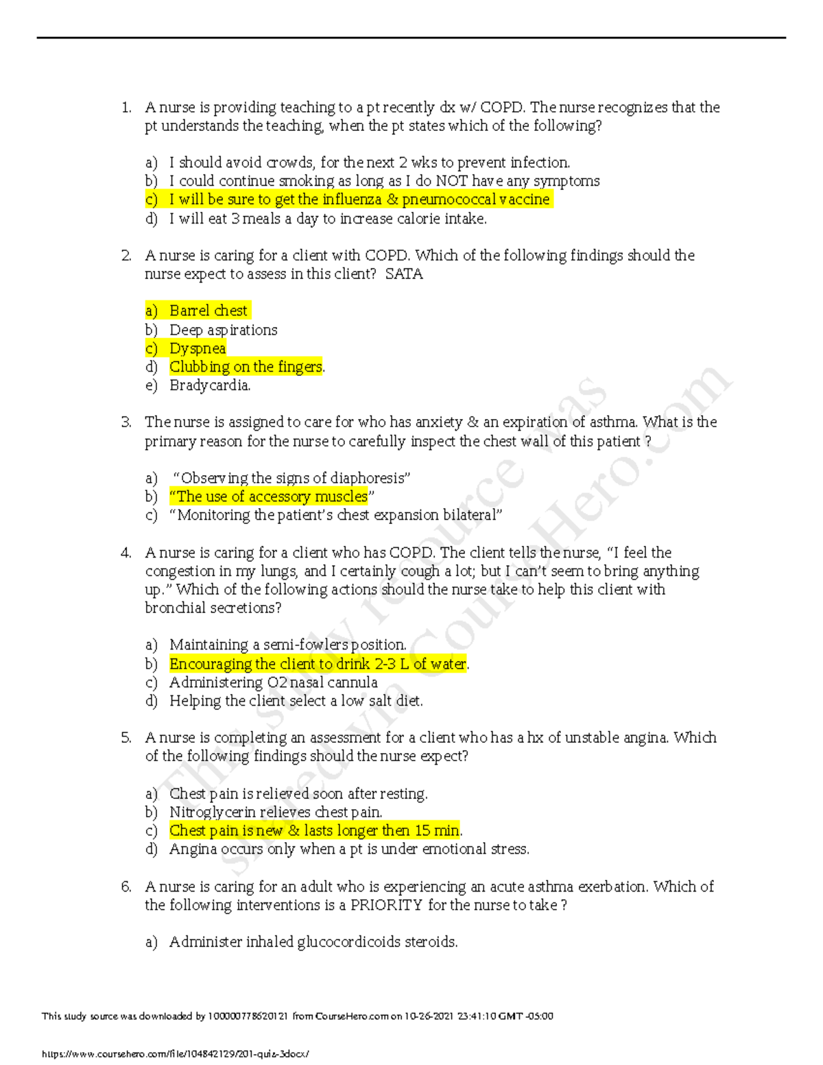 practice quiz 3.docx - 1. A nurse is providing teaching to a pt ...