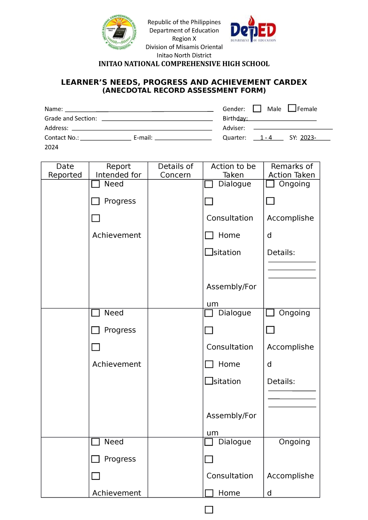 Anecdotal Record RPMS Module 12 - Republic of the Philippines ...