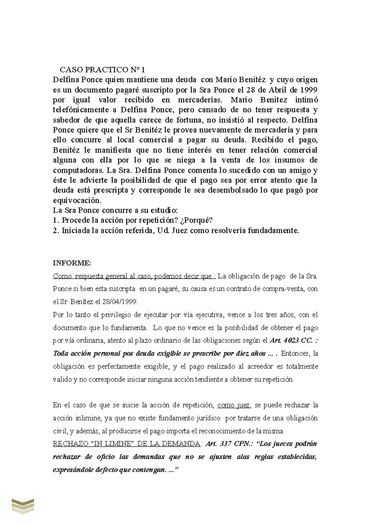 A Compendio De Casos Practicos Caso Practico N Delfina Ponce Quien