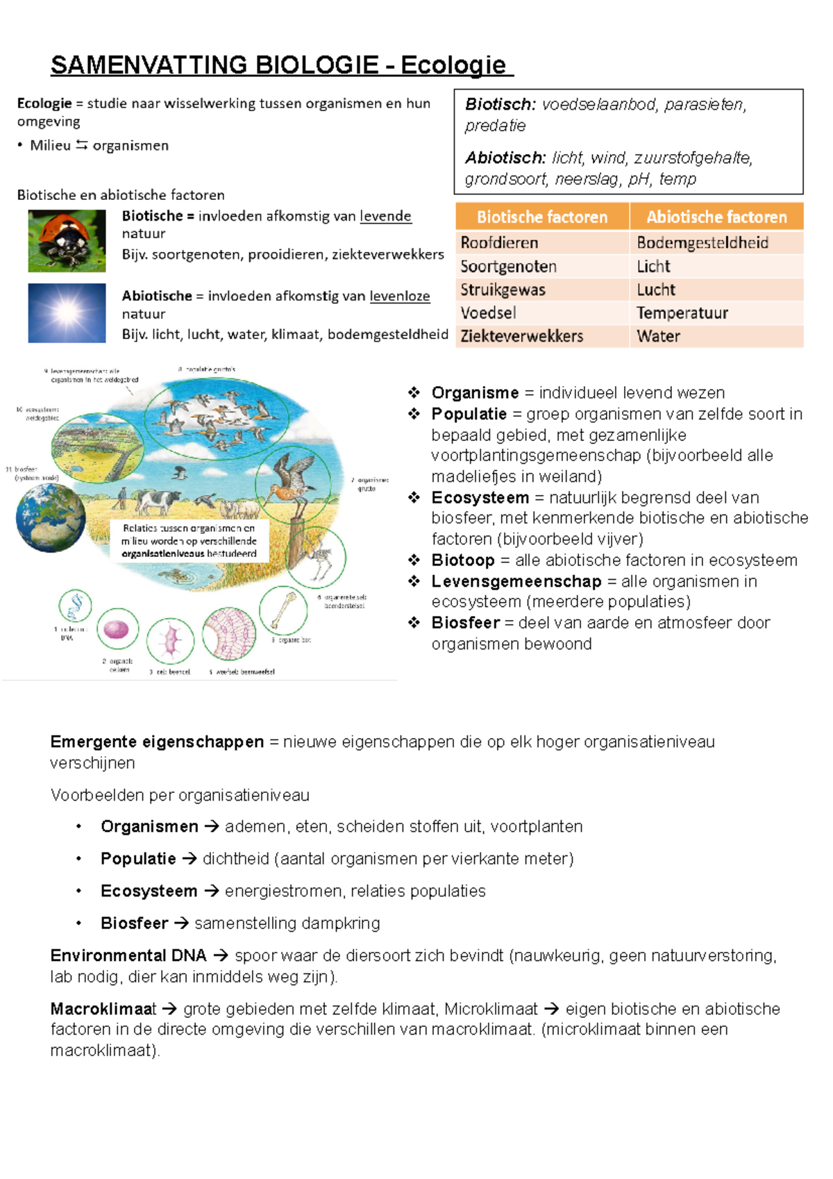 Samenvatting biologie Ecologie  SAMENVATTING BIOLOGIE  Ecologie