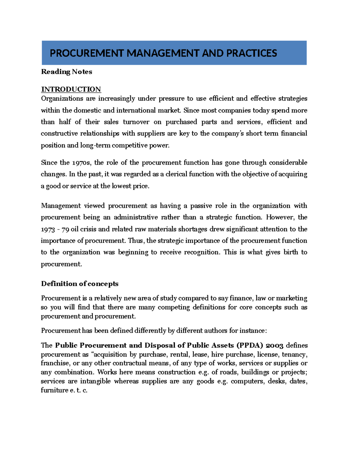 Procurement Management and Practices Notes 1 - Reading Notes ...