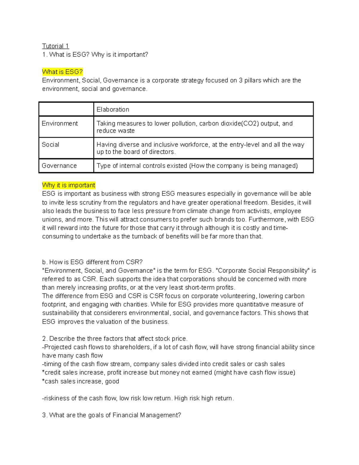Corporate Finance T1 - Tutorial 1 Ans - Tutorial 1 What is ESG? Why is ...