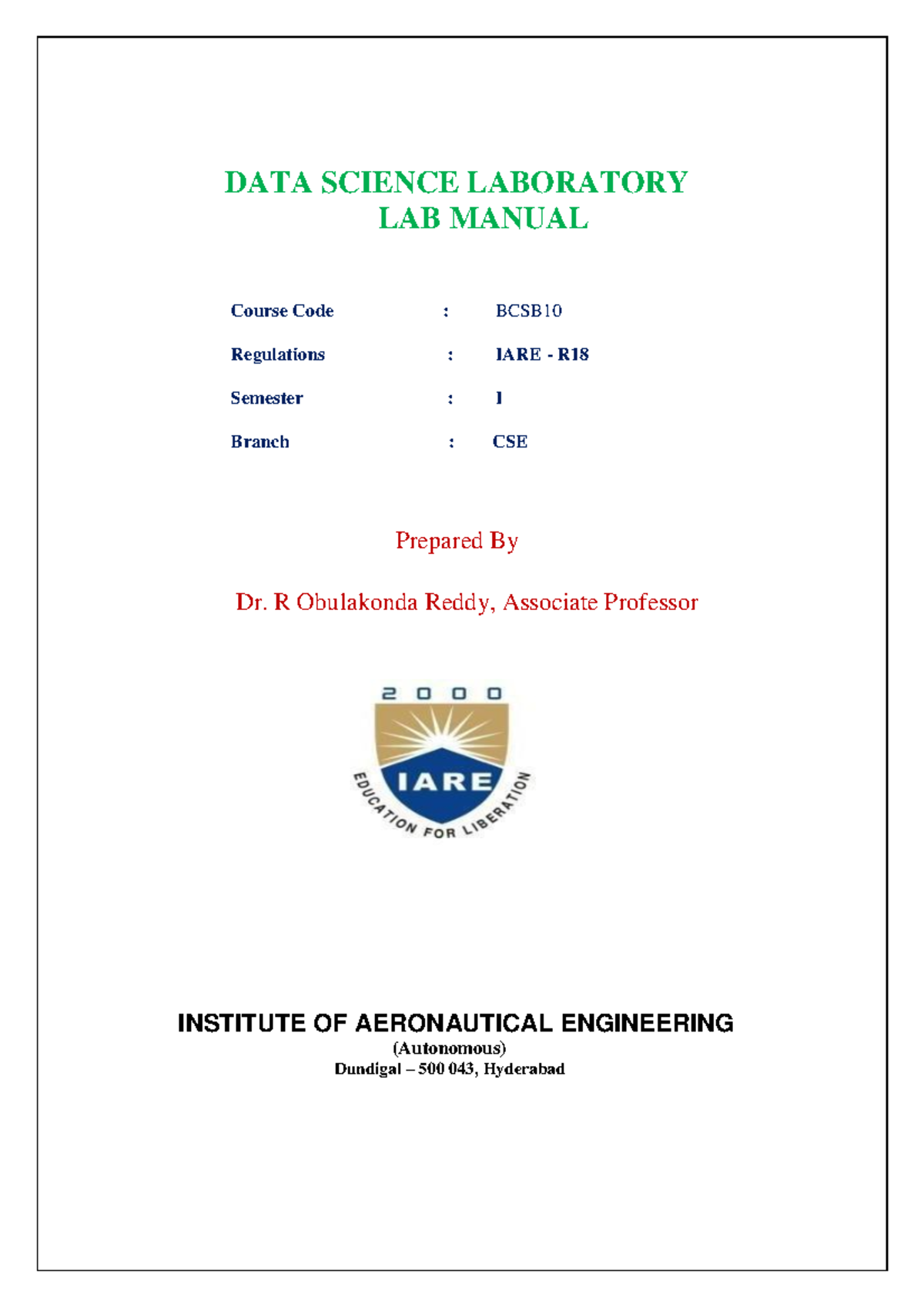 IARE DS Laboratory LAB Manual 0 (1) - DATA SCIENCE LABORATORY LAB ...