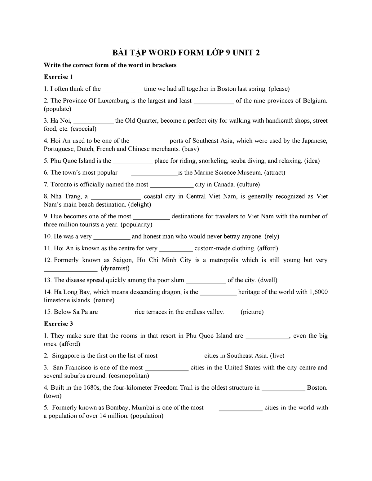 WORD FORM UNIT 2 - english - BÀI TẬP WORD FORM LỚP 9 UNIT 2 Write the ...