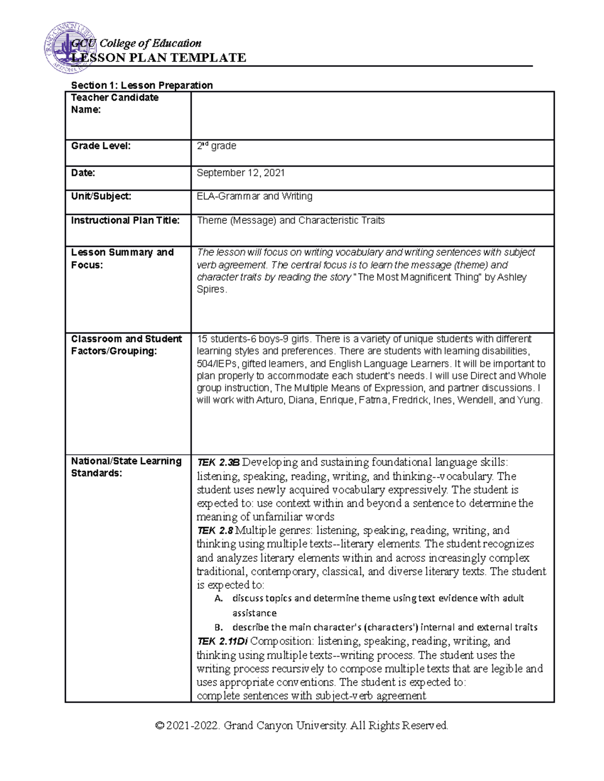 Grammar And Writing Instruction Lesson Plan Lesson Plan Template Section 1 Lesson Preparation 1004