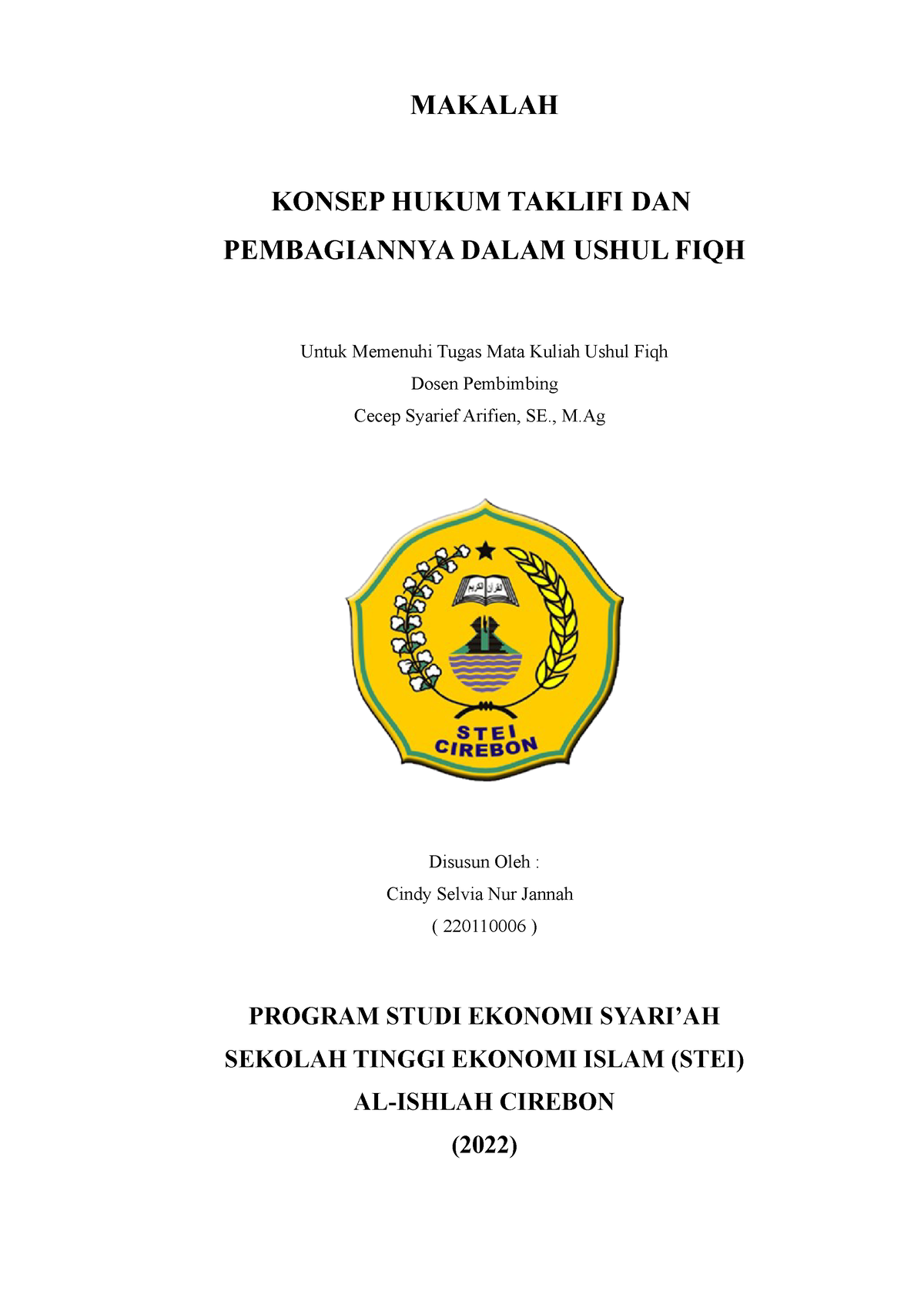 Makalah Ushul FIQH Cindy Edit - MAKALAH KONSEP HUKUM TAKLIFI DAN ...