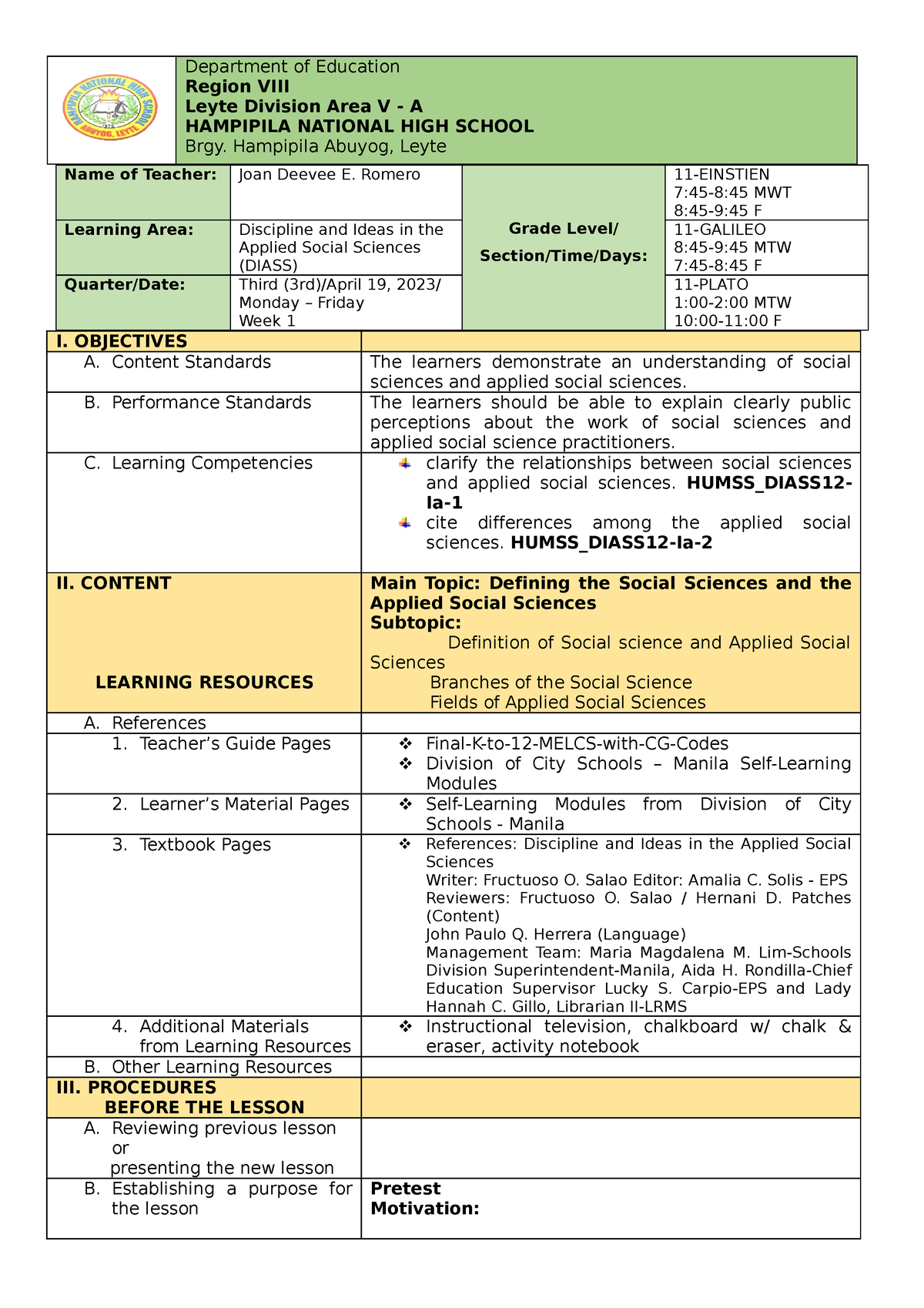 Diass LP - Department of Education Region VIII Leyte Division Area V ...