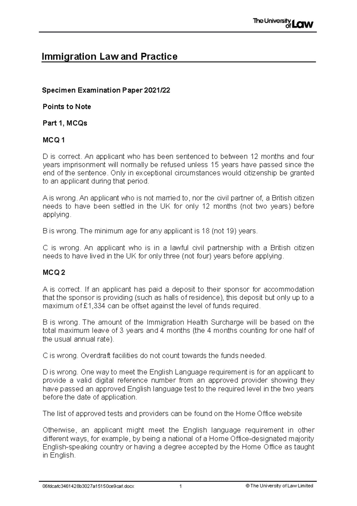 2122 imm ce01 exam specimen q ptn Immigration Law and Practice