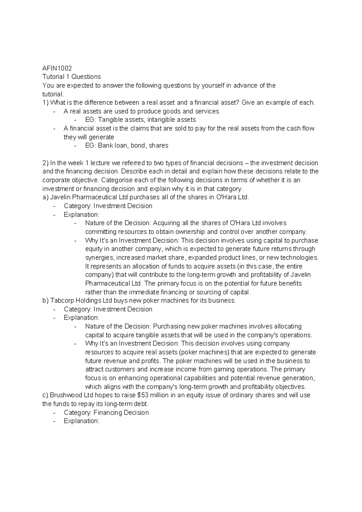AFIN1002 - tutorial - AFIN Tutorial 1 Questions You are expected to ...
