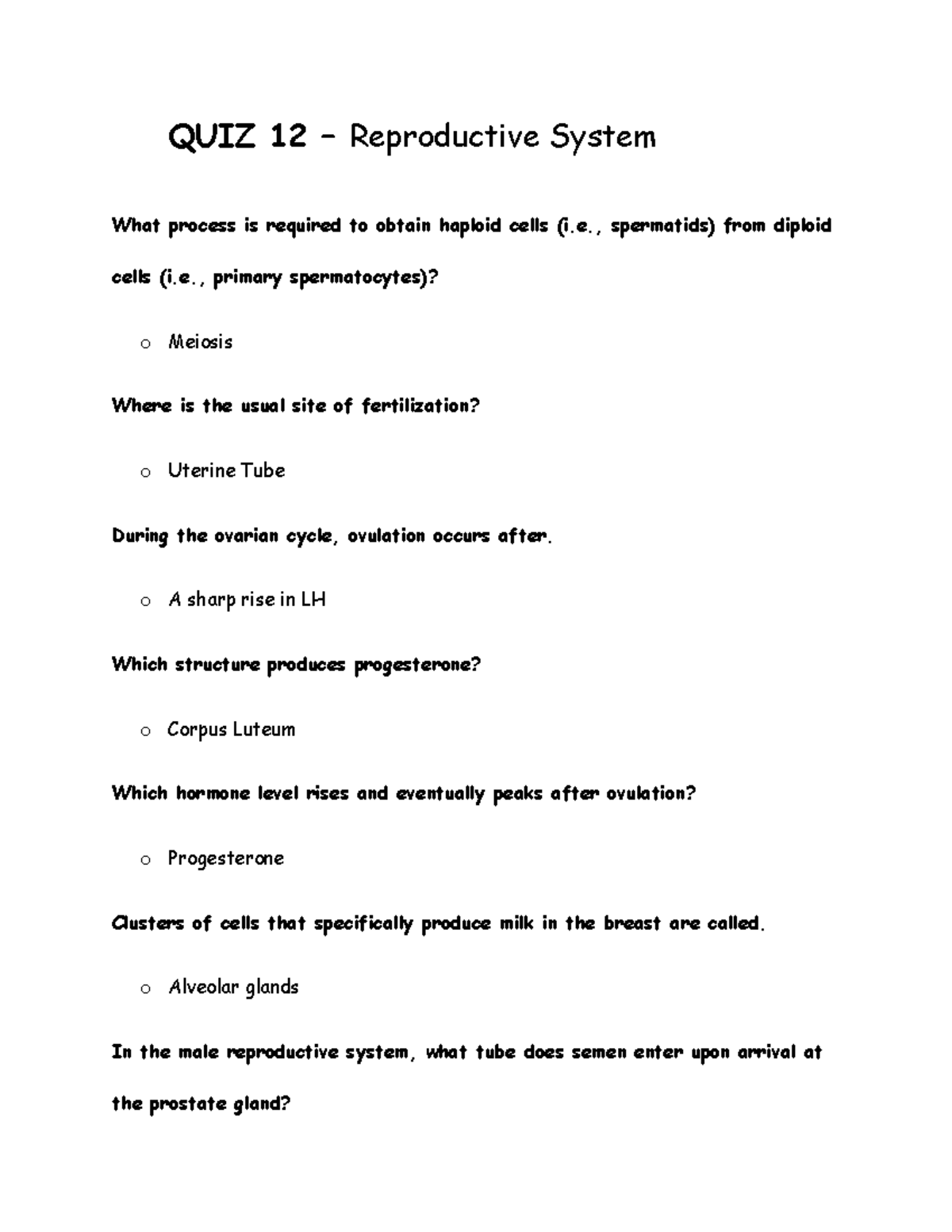 QUIZ 12 Reproductive System QUIZ 12 Reproductive System What