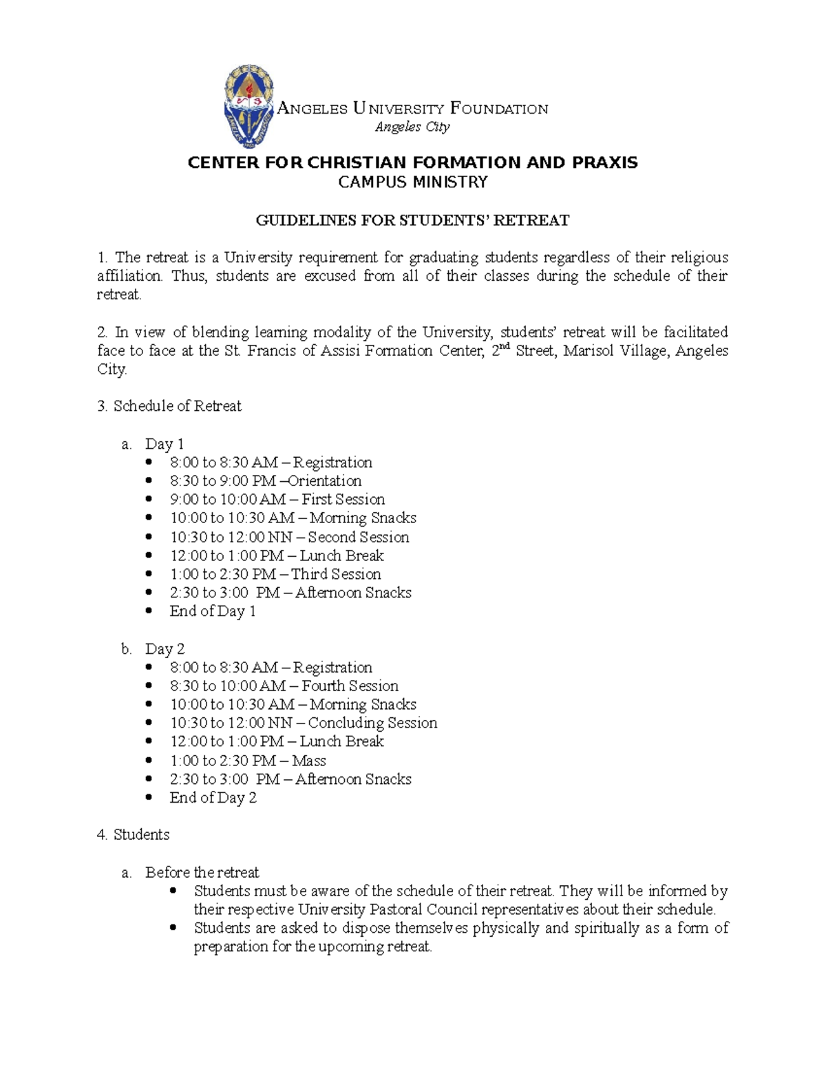 Guidelines-for-Retreat - ANGELES UNIVERSITY FOUNDATION Angeles City ...