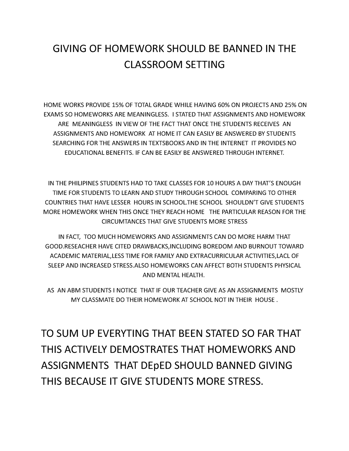 banning homework thesis statement