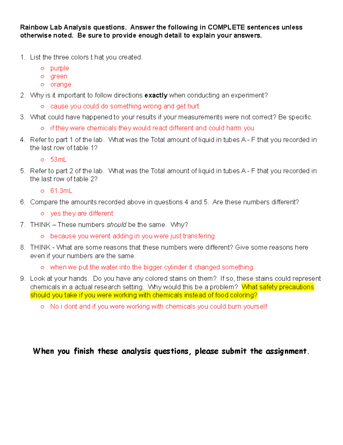Rainbow Lab 2839750 Rainbow Lab Analysis questions. Answer the
