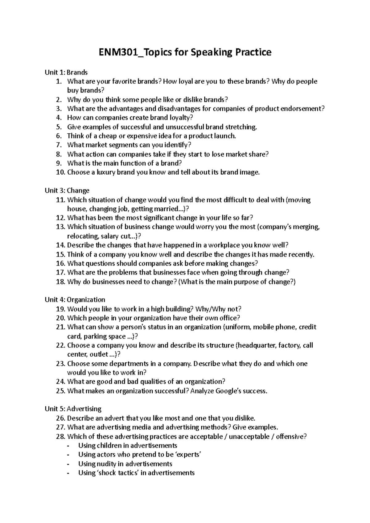 ENM301 Speaking-Topics - ENM301_Topics for Speaking Practice Unit 1 ...