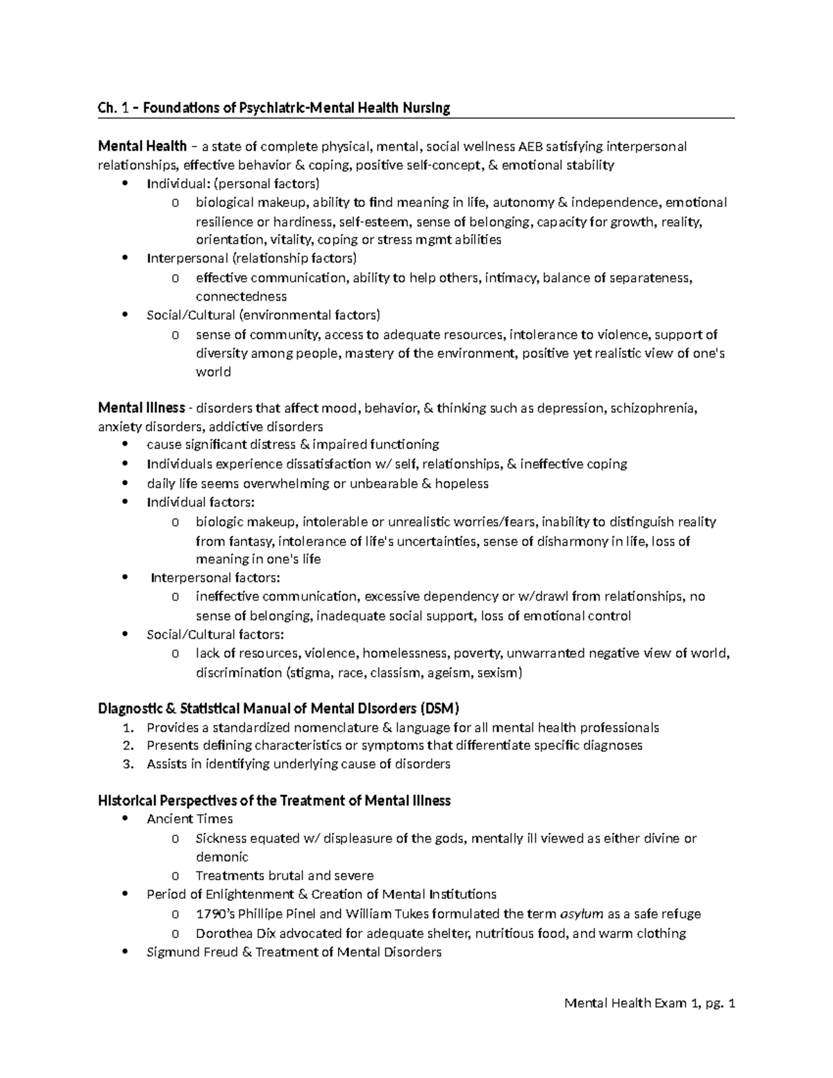 Exam 1 Notes - Ch. 1 – Foundations Of Psychiatric-Mental Health Nursing ...