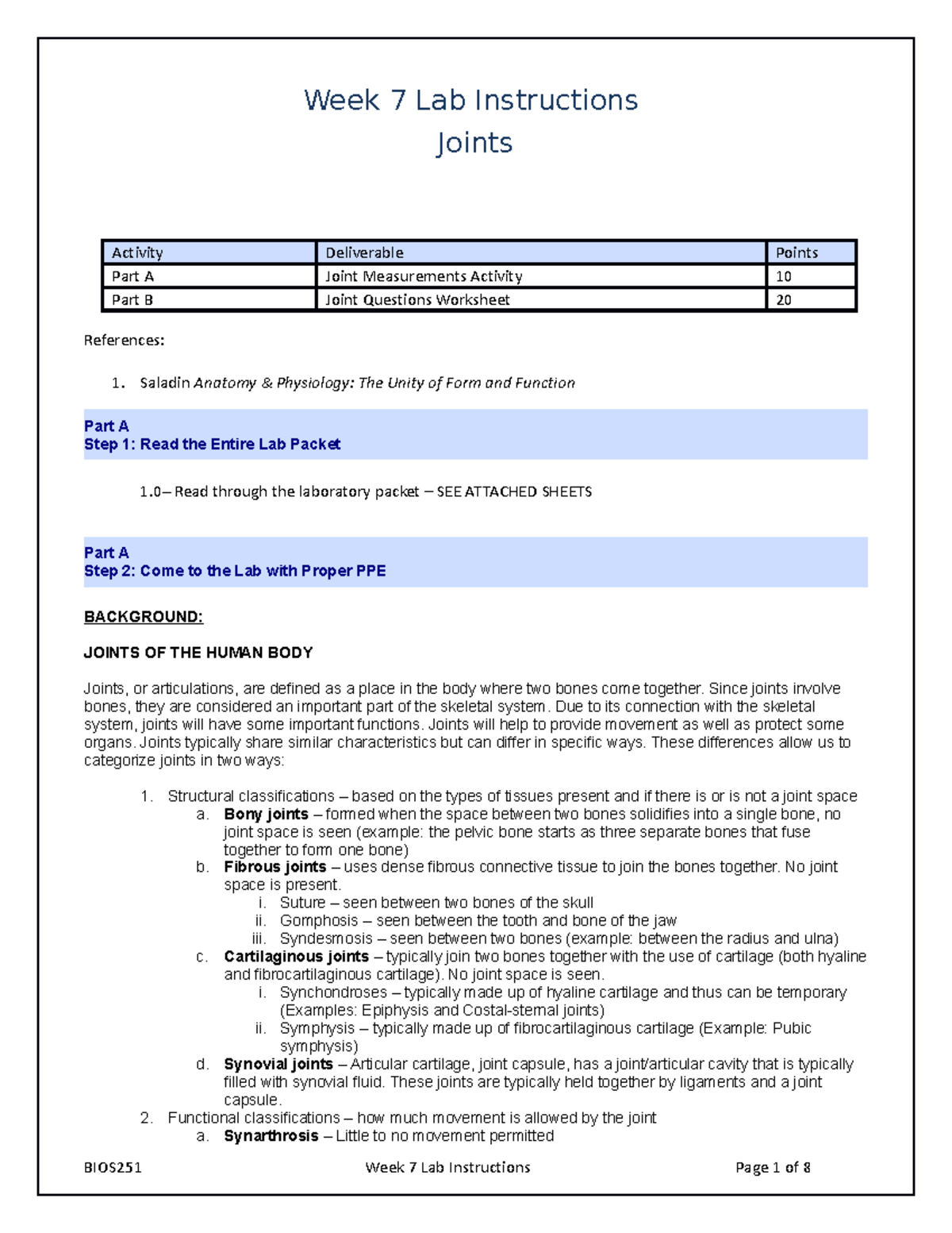 BIOS251 W7 Lab Instructions - Week 7 Lab Instructions Joints Activity ...