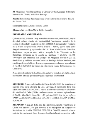 Modelo de Instancia Rectificación Acta Estado Civil - Al: Magistrado Juez  Presidente de la Cámara - Studocu