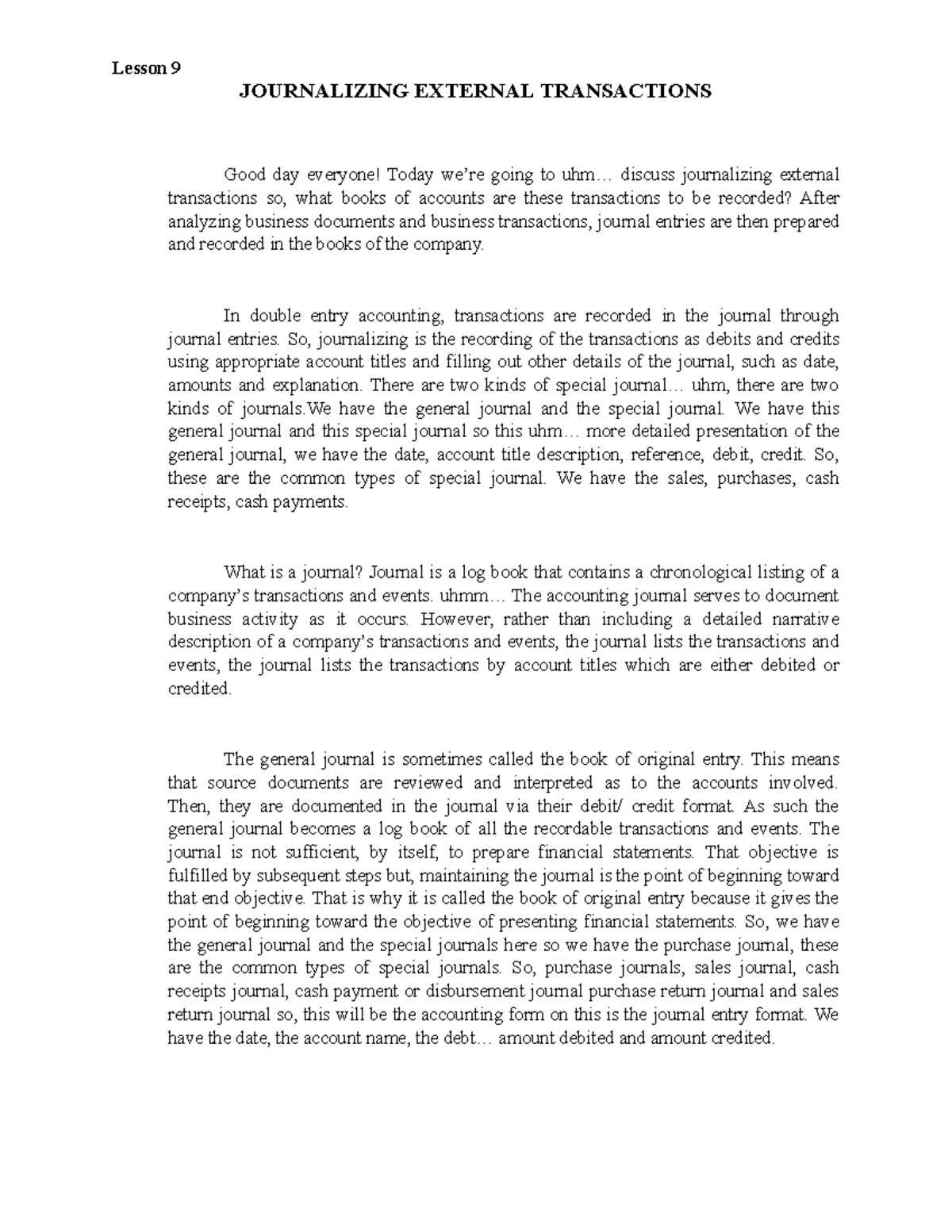 Lesson 9- Journalizing External Transactions - JOURNALIZING EXTERNAL ...
