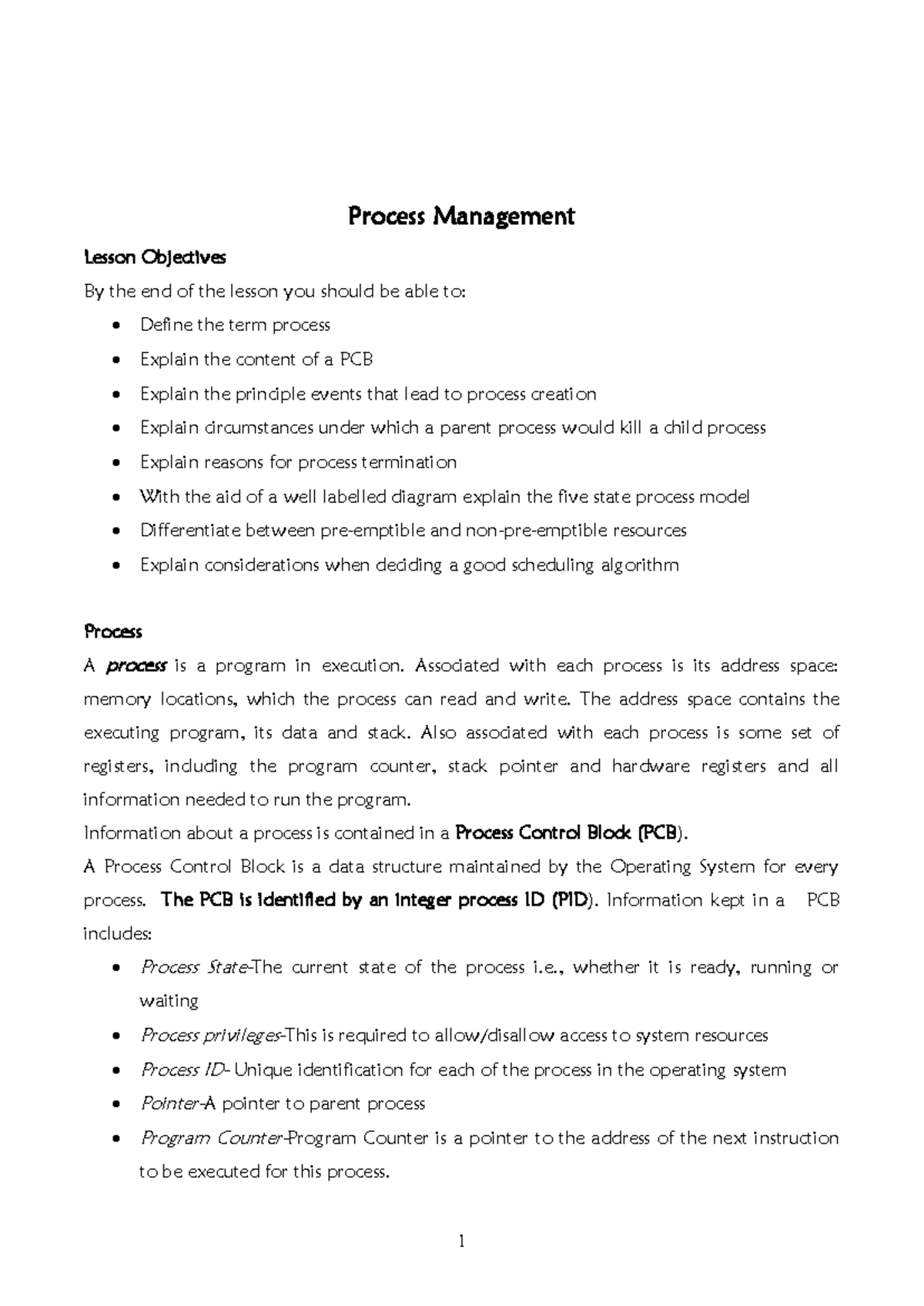 WEEK 3 Process Management - Process Management Lesson Objectives By the ...