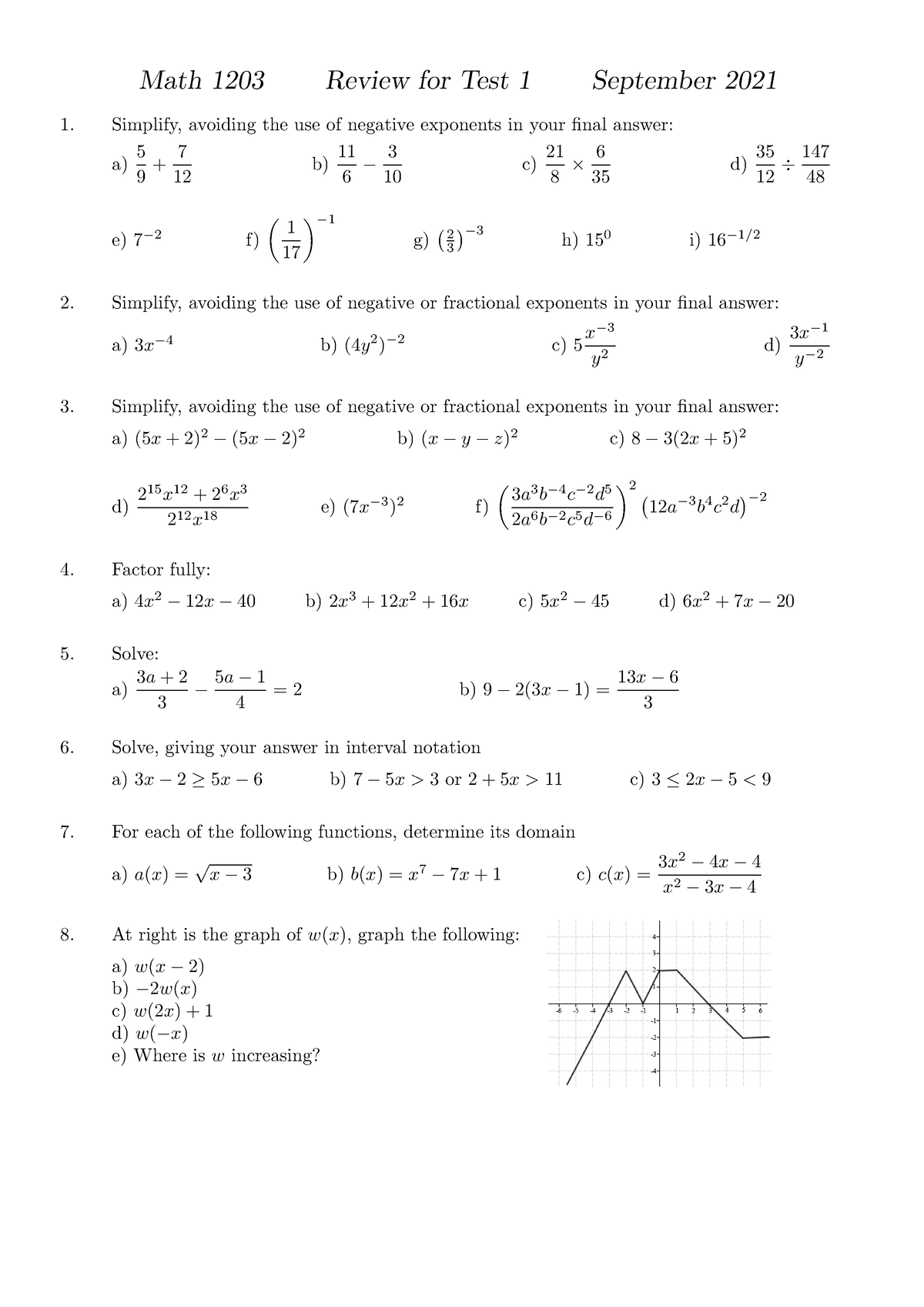 Test 1 review - college algebra quiz - Math 1203 Review for Test 1 ...