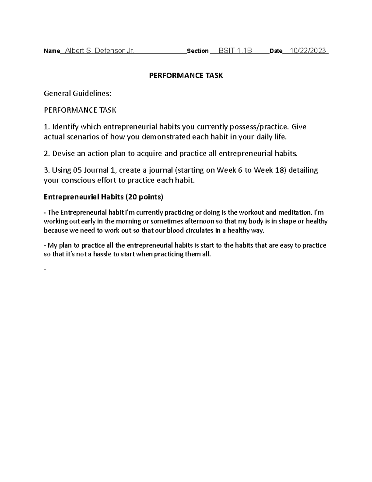 Performance TASK - rqwrqwr - Name Albert S. Defensor Jr. Section BSIT 1 ...