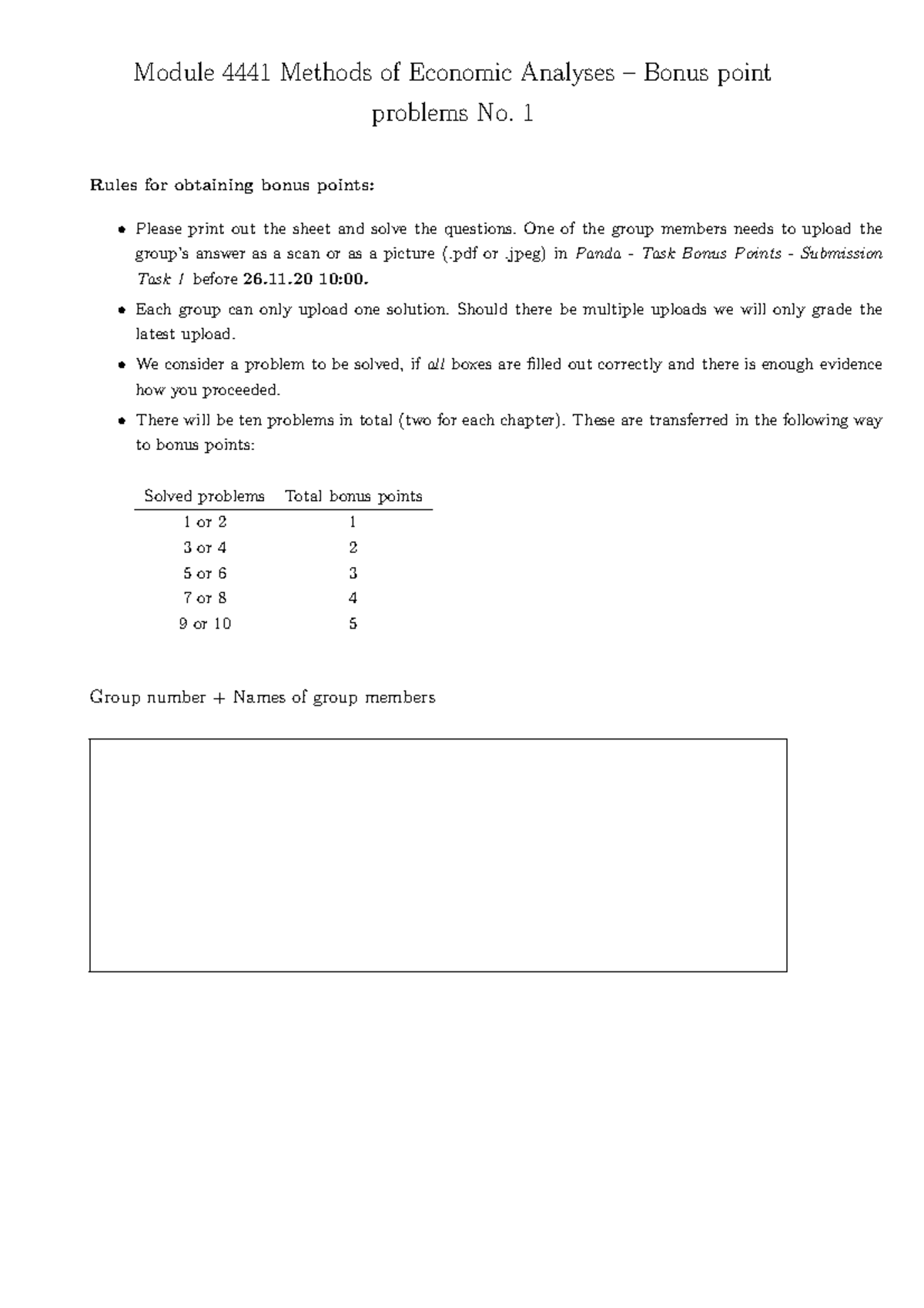 Bonus Points No - Wintersemester - Module 4441 Methods of Economic ...