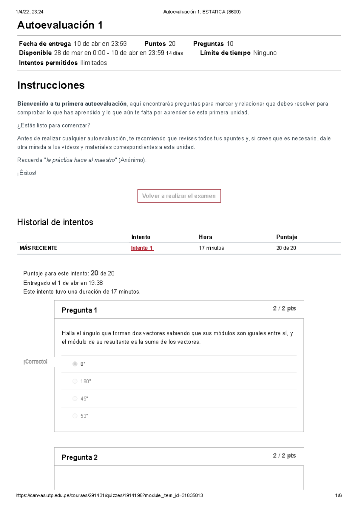 Autoevaluación 1 Estatica (8600) - Autoevaluación 1 Fecha de entrega 10 ...