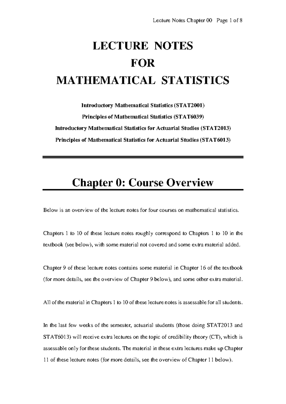 Lecture Notes Chapter 00 - LECTURE NOTES FOR MATHEMATICAL STATISTICS ...