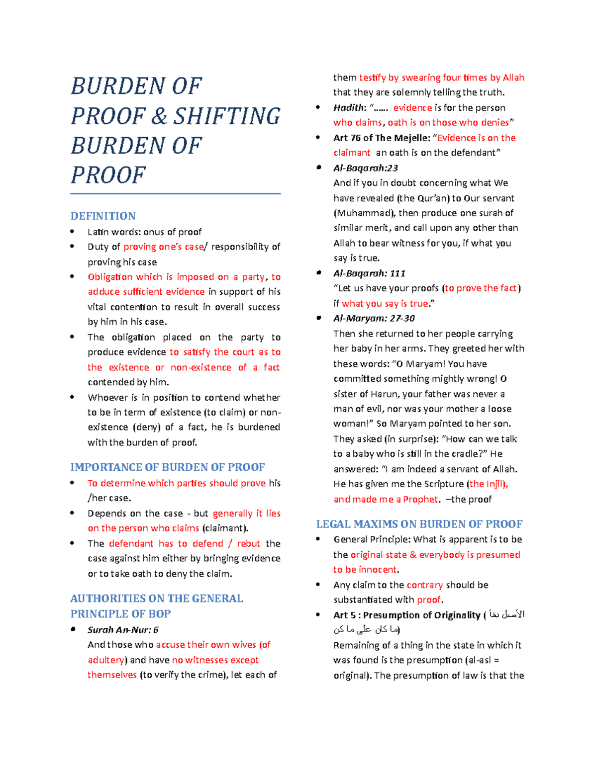 Evidence Shariah Court Notes BURDEN OF PROOF & SHIFTING BURDEN OF