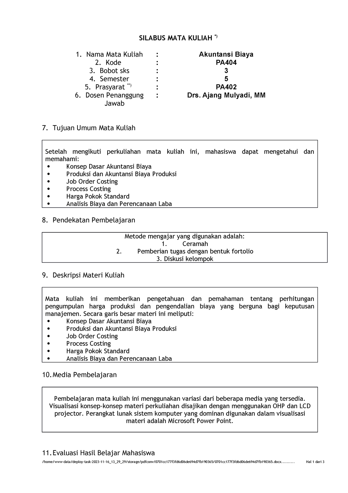 Akuntansi Biaya - SILABUS MATA KULIAH *) 1. Nama Mata Kuliah ...