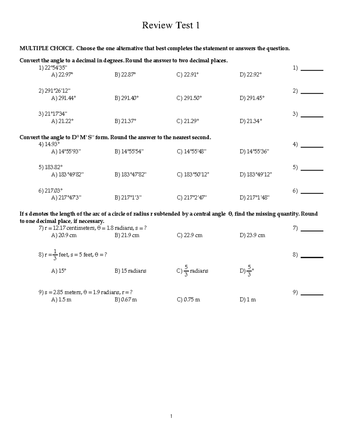 Review Test 1 Trigonometry - Review Test 1 MULTIPLE CHOICE. Choose the ...