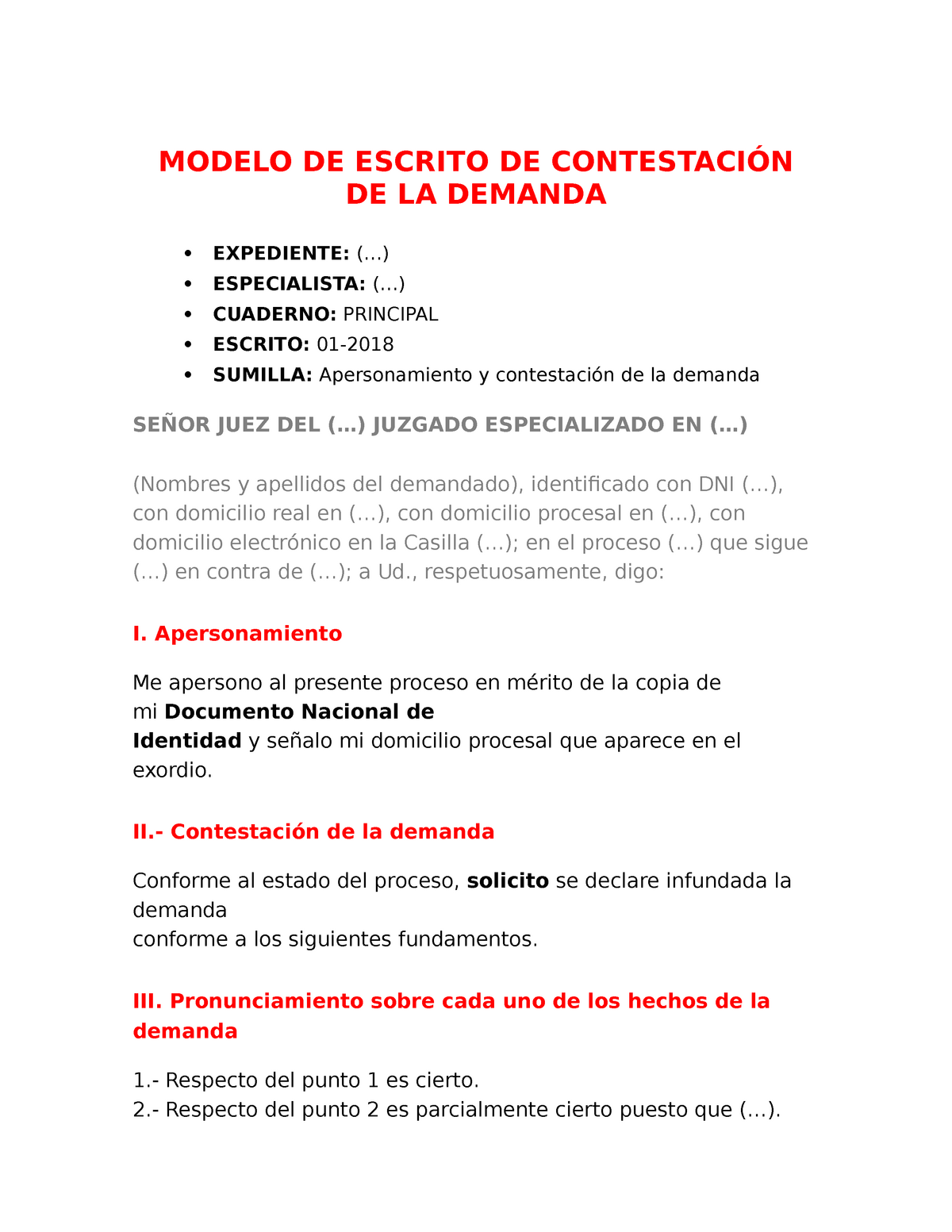 Modelo DE Escrito DE Contestacio N DE LA Demanda - MODELO DE ESCRITO DE  CONTESTACIÓN DE LA DEMANDA  - Studocu