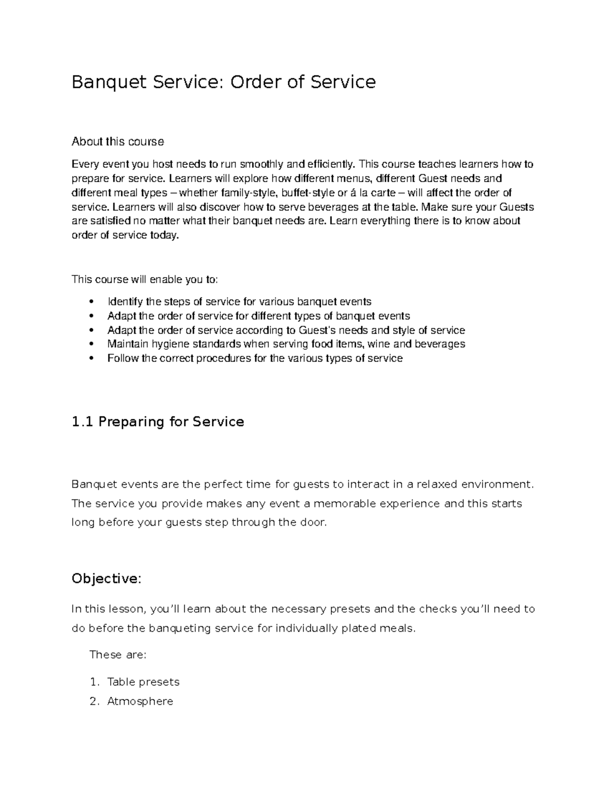 Banquet Service - Order of Service - Banquet Service: Order of Service ...