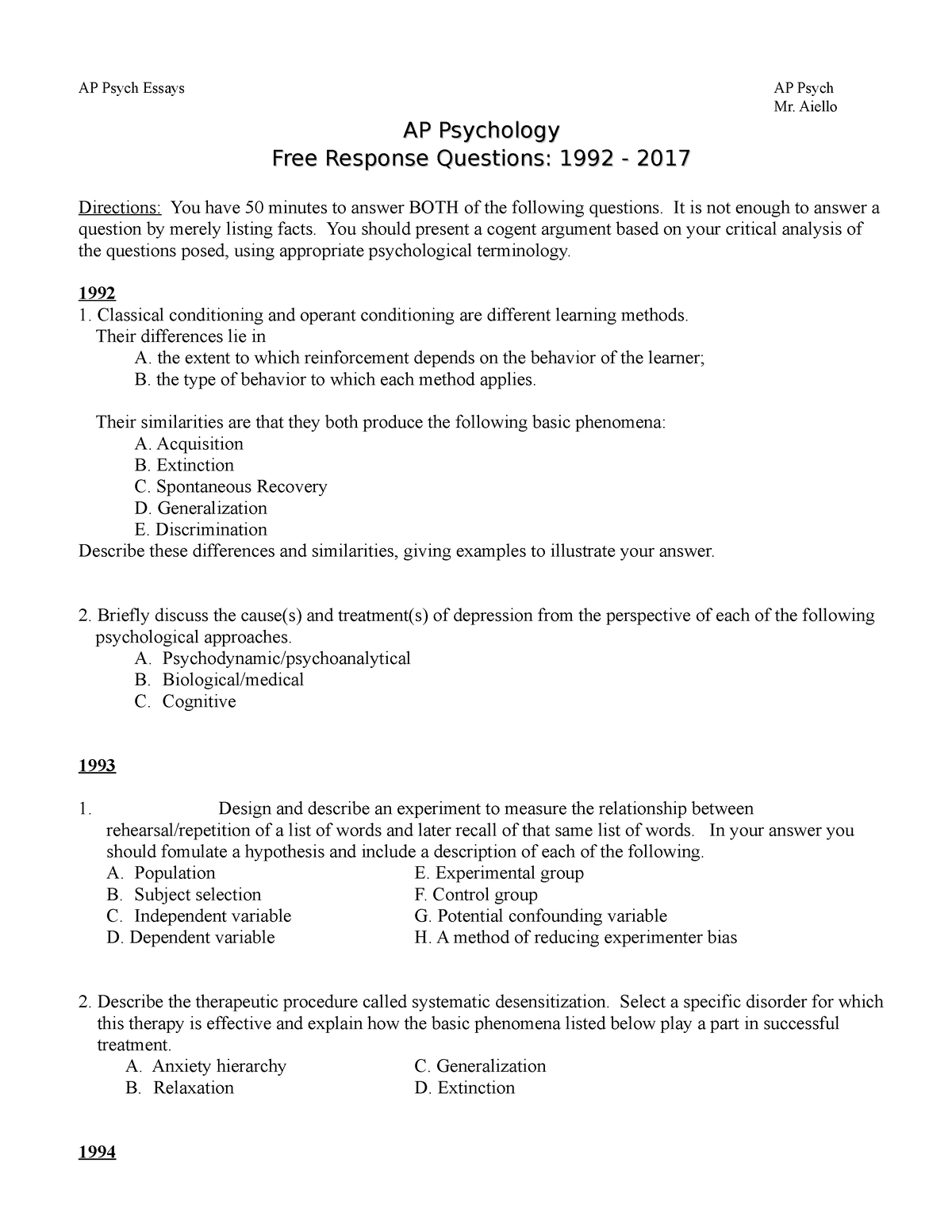 ap psychology free response questions unit 3