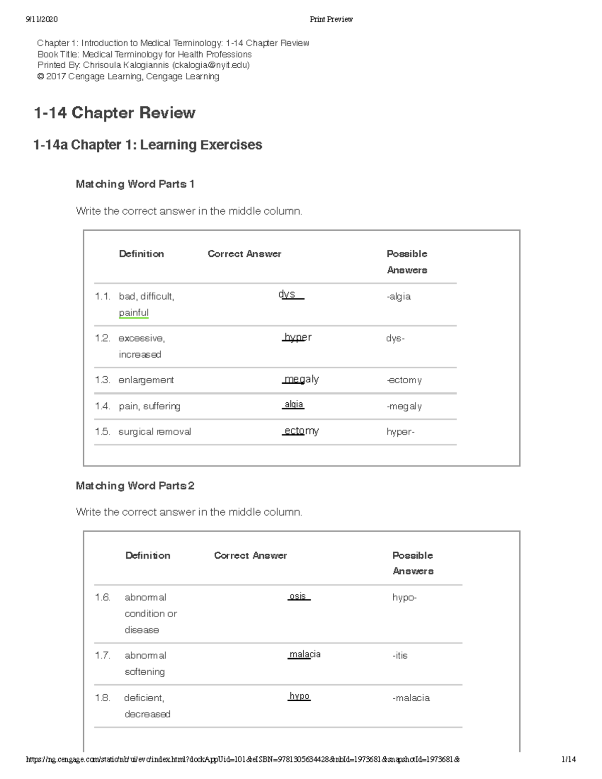 assignment 1. chapter homework medical terminology