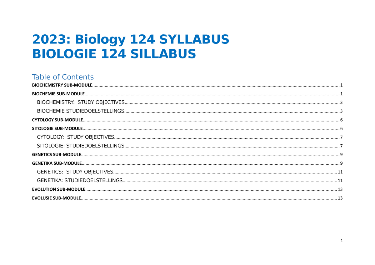 Syllabus 2023 Biology 124 SYLLABUS BIOLOGIE 124 SILLABUS