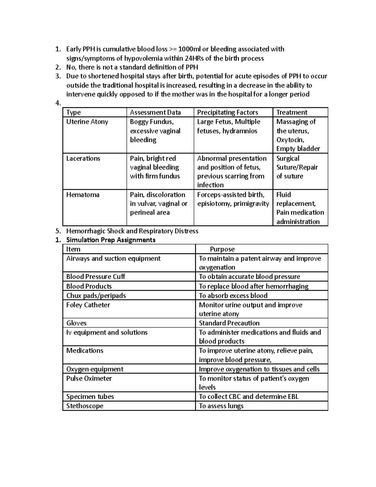 Maternity simulation assignment 2 - Early PPH is cumulaive blood loss ...