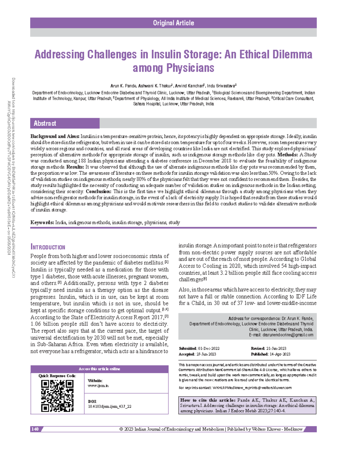 Addressing challenges in insulin storage - 140 © 2023 Indian Journal of ...