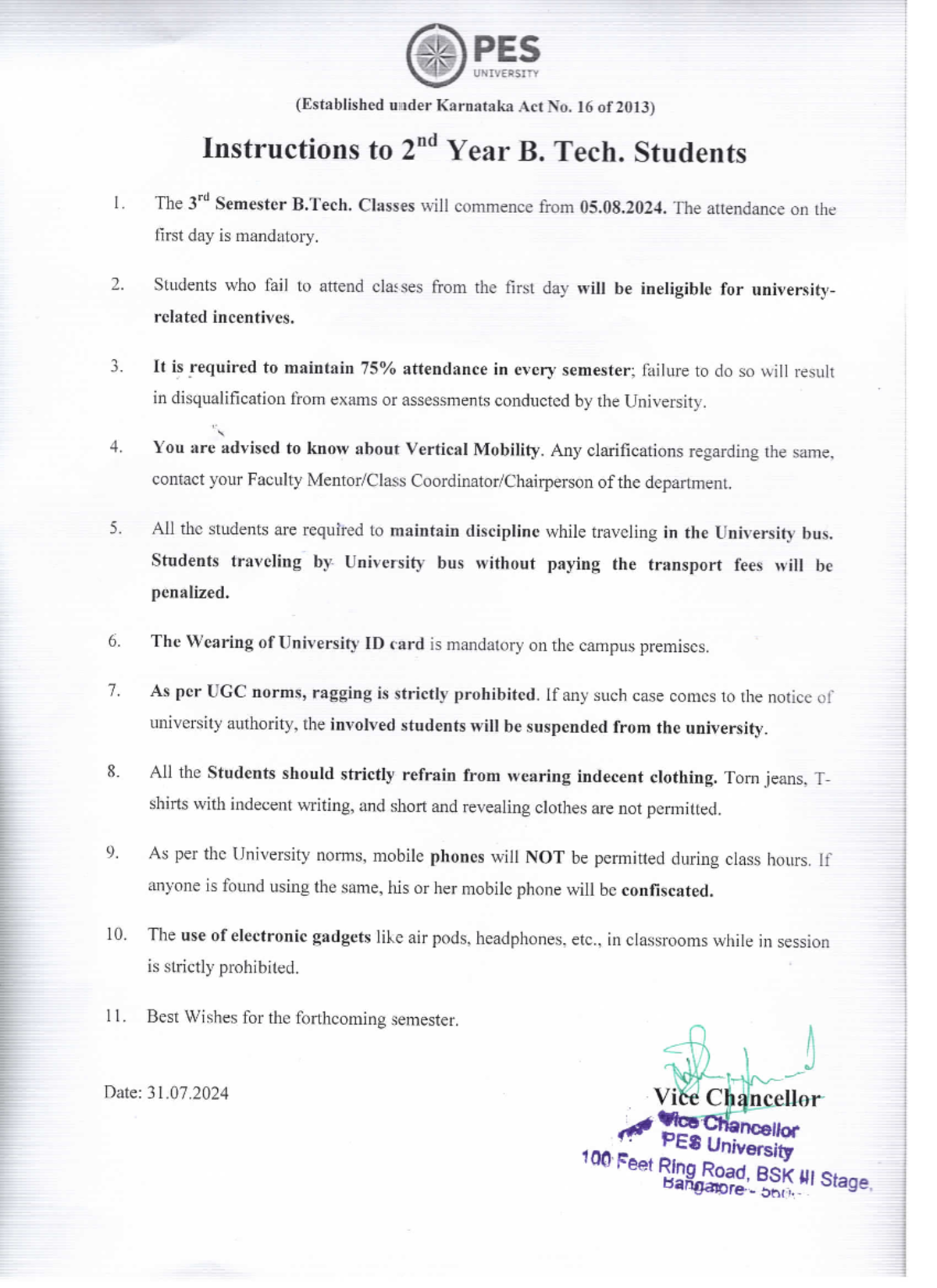 Instructions to 3rd Semester B Tech -July 2024 - PES UNIVERSITY ...
