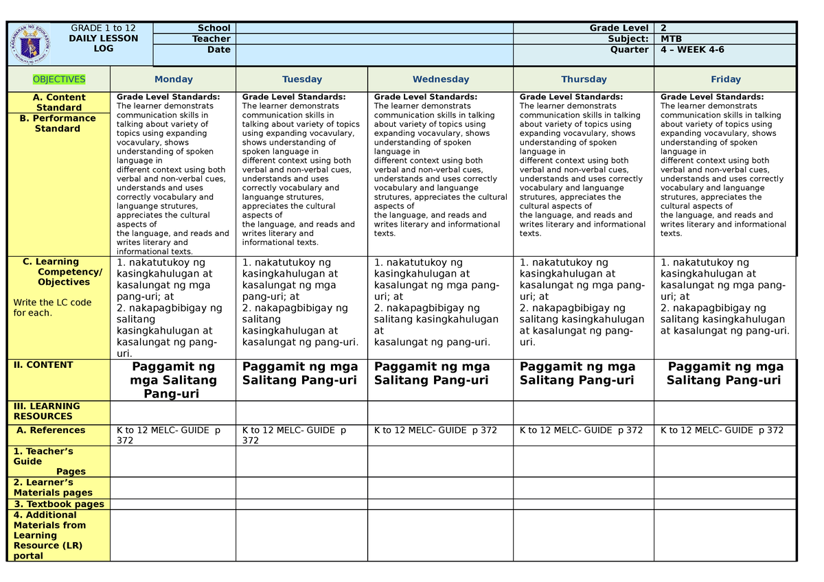 WEEK4-dll-MTB - GRADE 1 to 12 DAILY LESSON LOG School Grade Level 2 ...