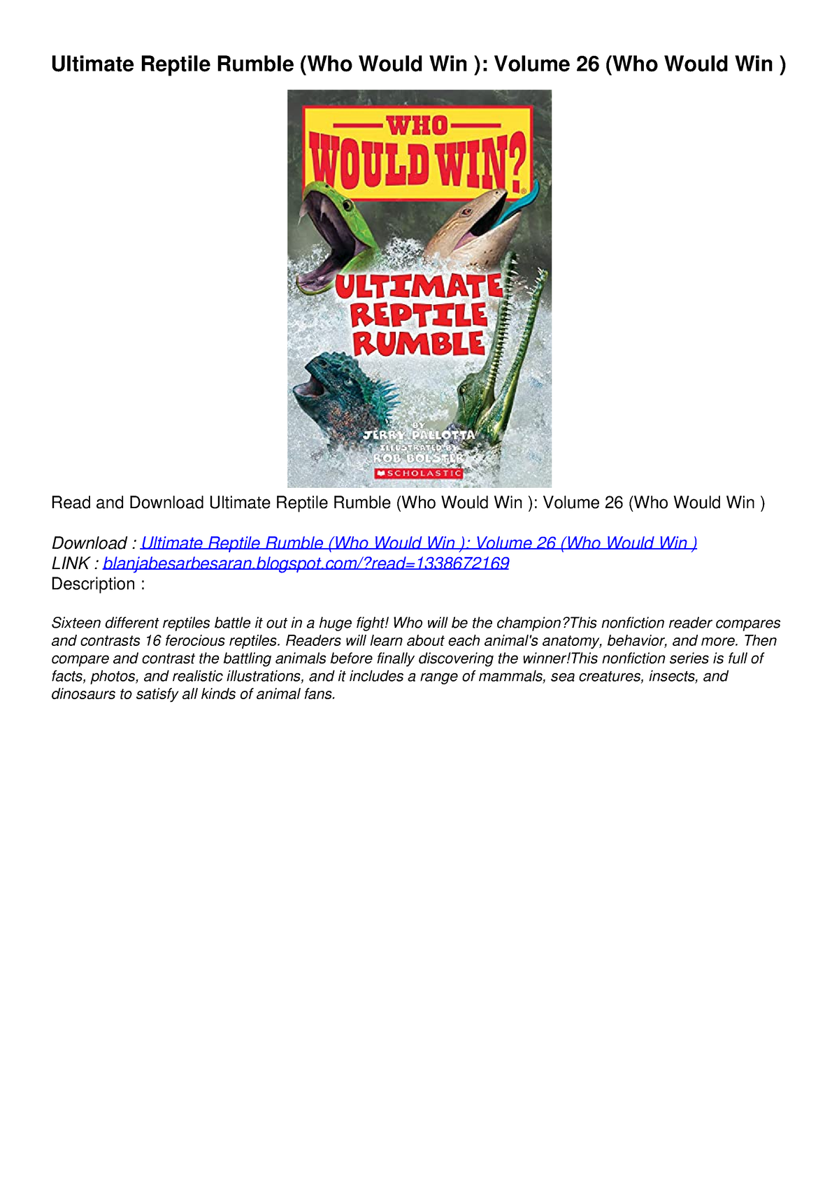 PDF/READ/DOWNLOAD Ultimate Reptile Rumble (Who Would Win ): Volume 26 ...