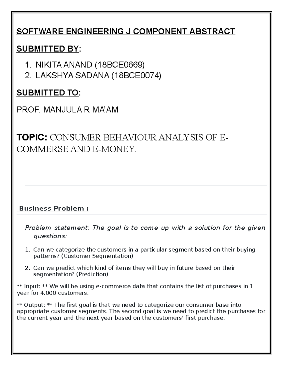 Software - SOFTWARE ENGINEERING J COMPONENT ABSTRACT SUBMITTED BY: 1 ...
