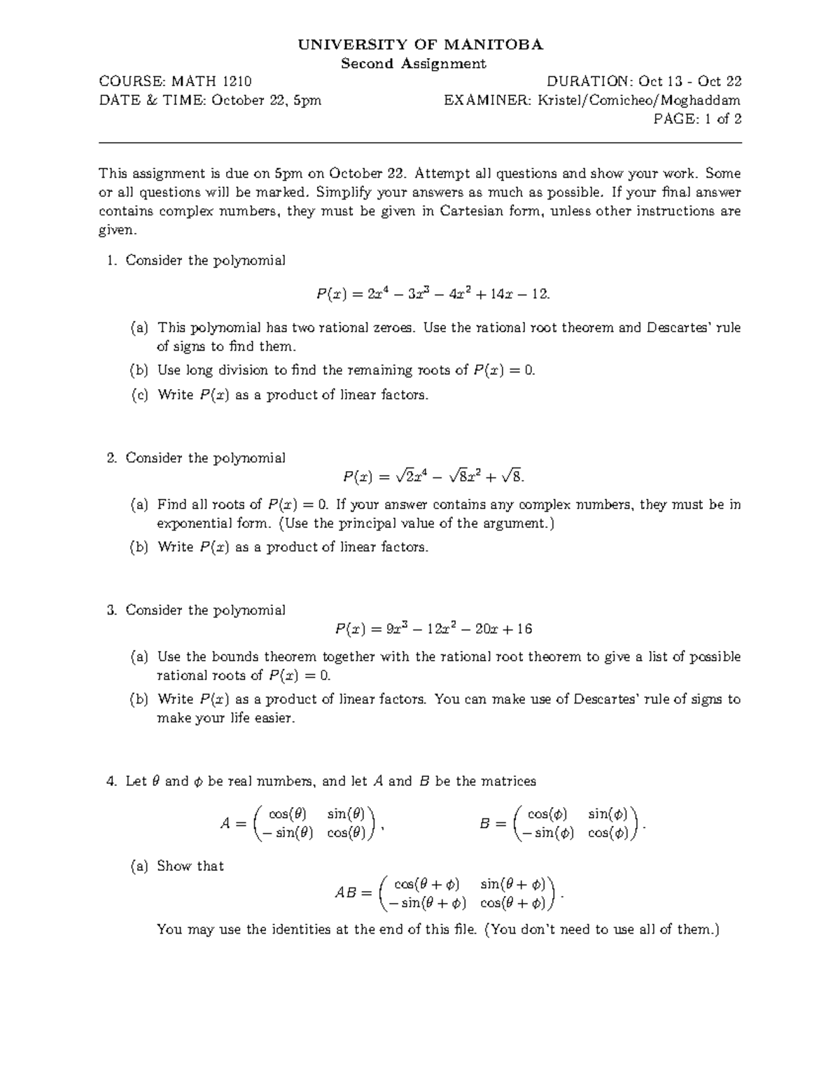 F21asst2 - Techniques Of Classical And Linear Algebra course material ...