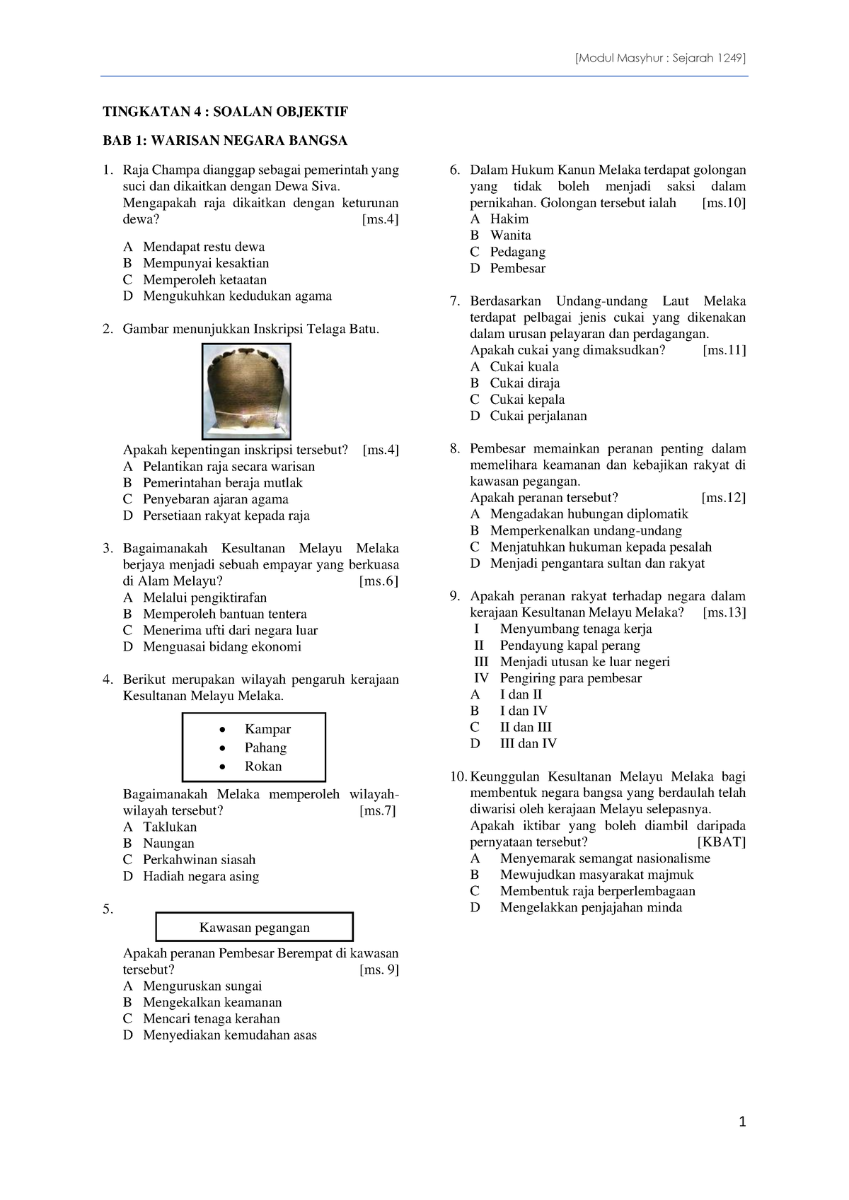 Modul Masyhur Sejarah 2022 SPM - TINGKATAN 4 : SOALAN OBJEKTIF BAB 1 ...