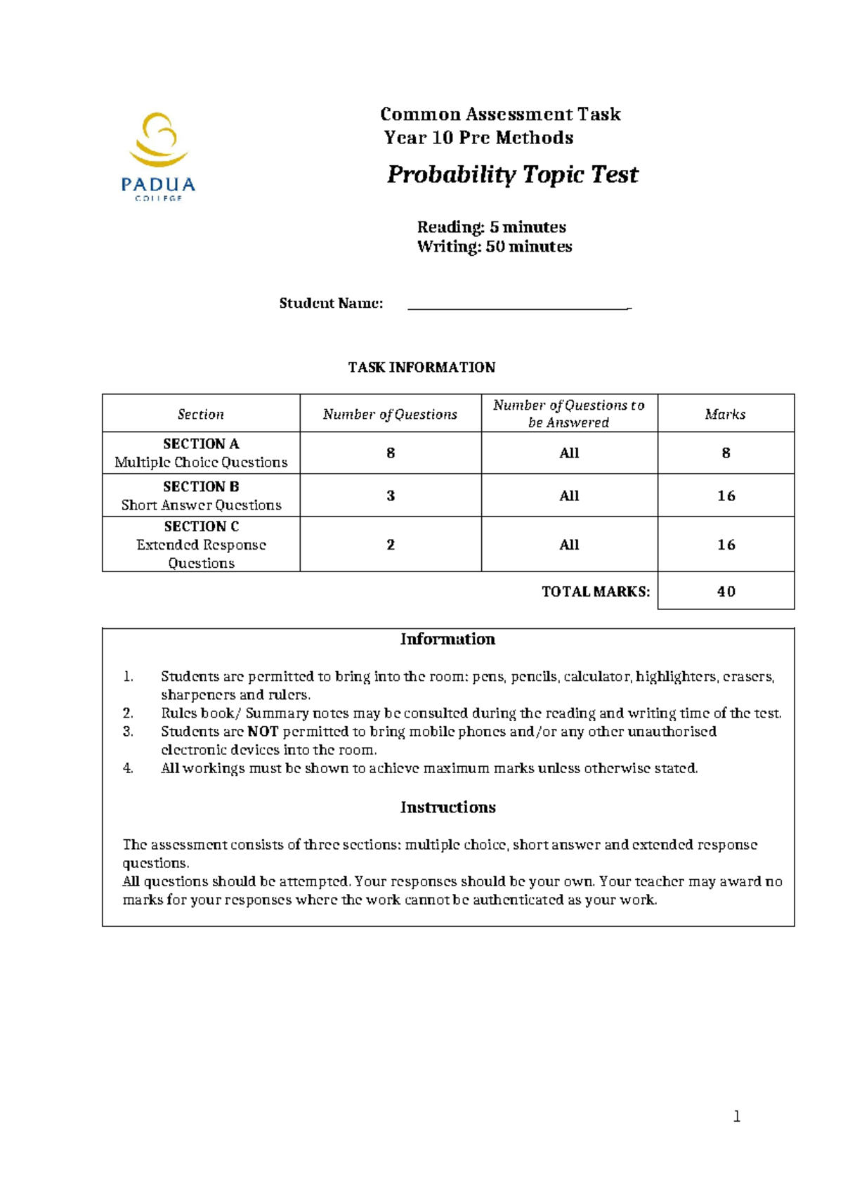 10Pre MM Probability Topic Test 2024 - Common Assessment Task Year 10 ...