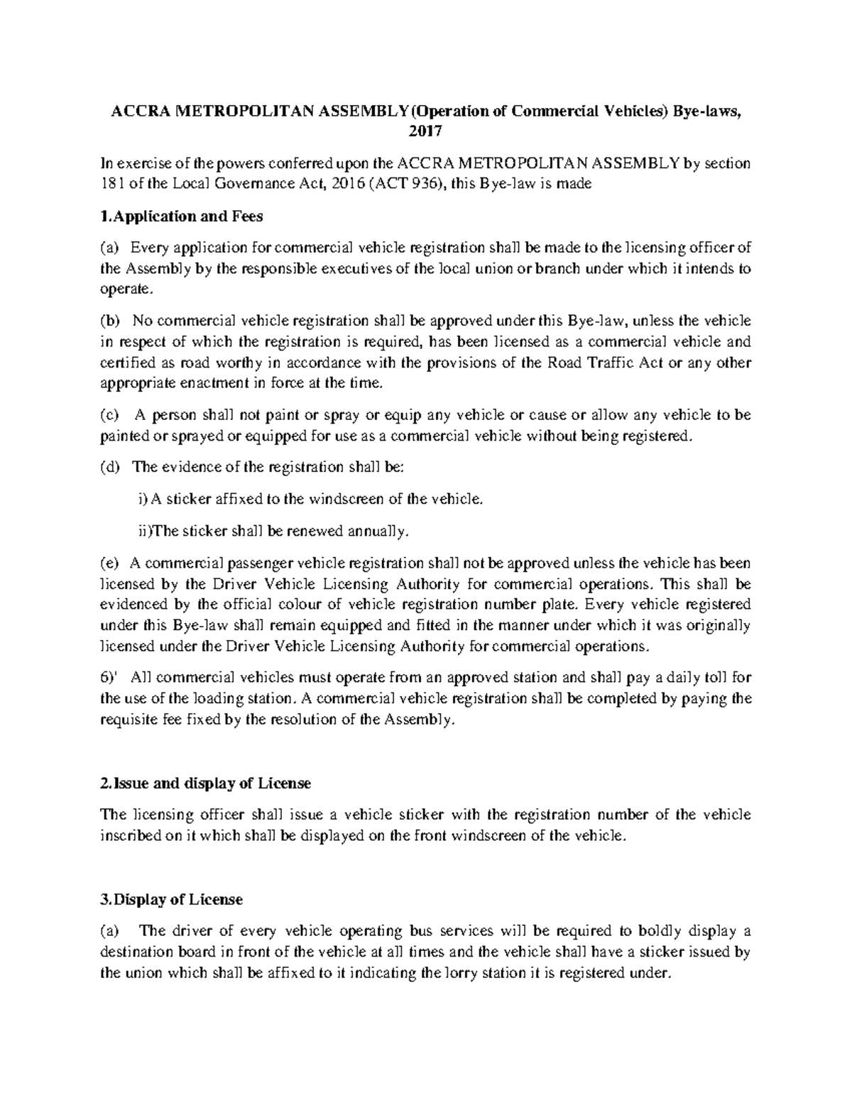 Accra Metropolitan Assembly(Operation of Commercial Vehicles) Bye-laws ...