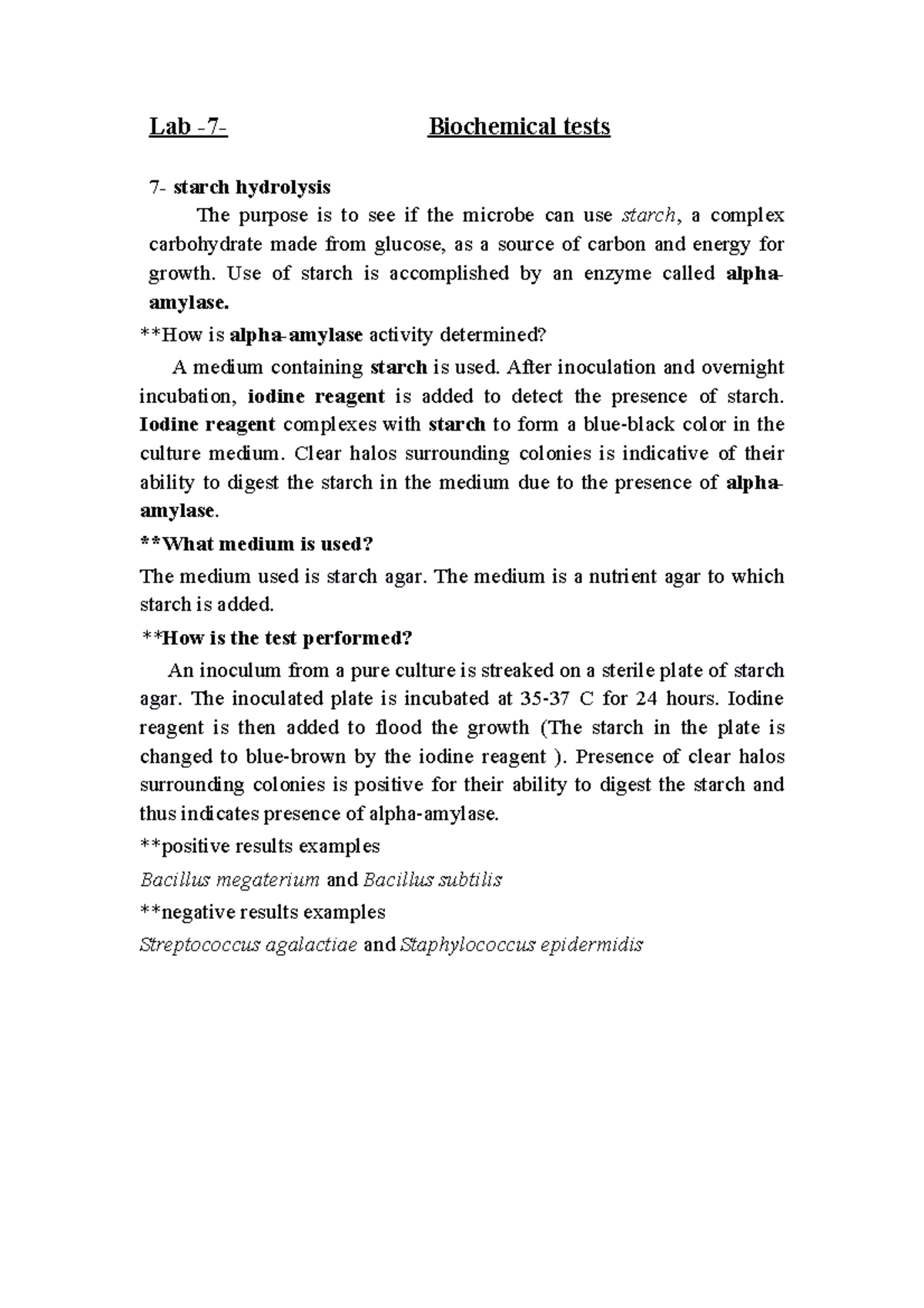 Bacterial taxonomy - Lab -7- Biochemical tests 7- starch hydrolysis The ...
