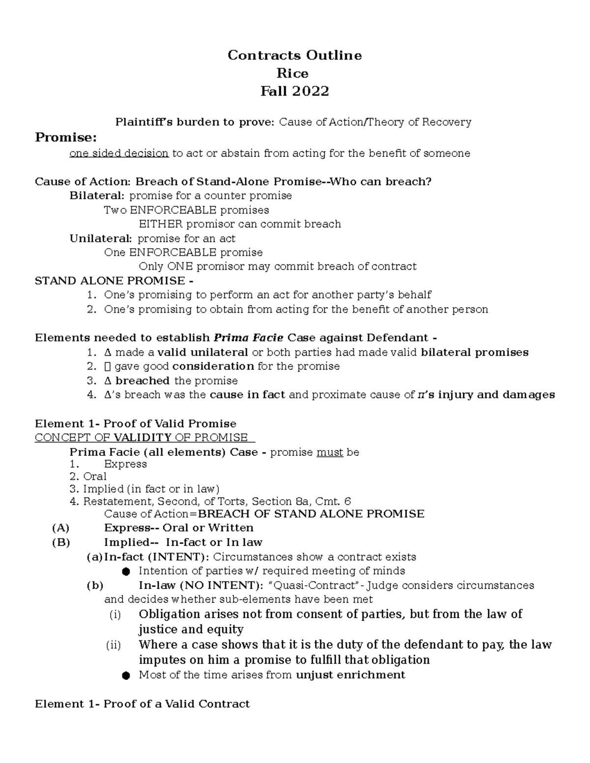 Rice Contracts Fall 2022 - Contracts Outline Rice Fall 2022 Plaintiff’s ...