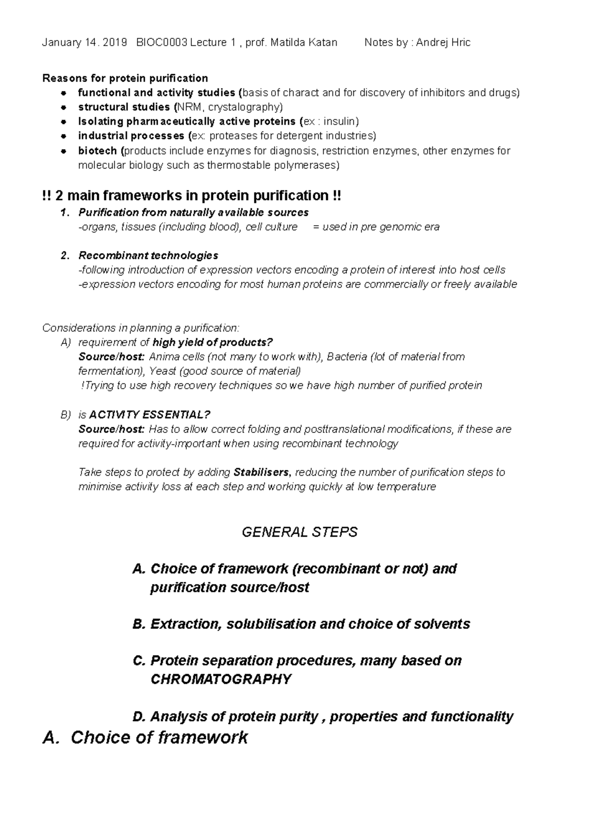 Protein Purif I - Lecture notes 1-2 - Reasons for protein purification ...